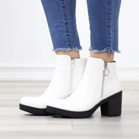 White Ankle Boots Chunky Lug Block Heel Synthetic Leather Round Toe - Picture 12 of 12